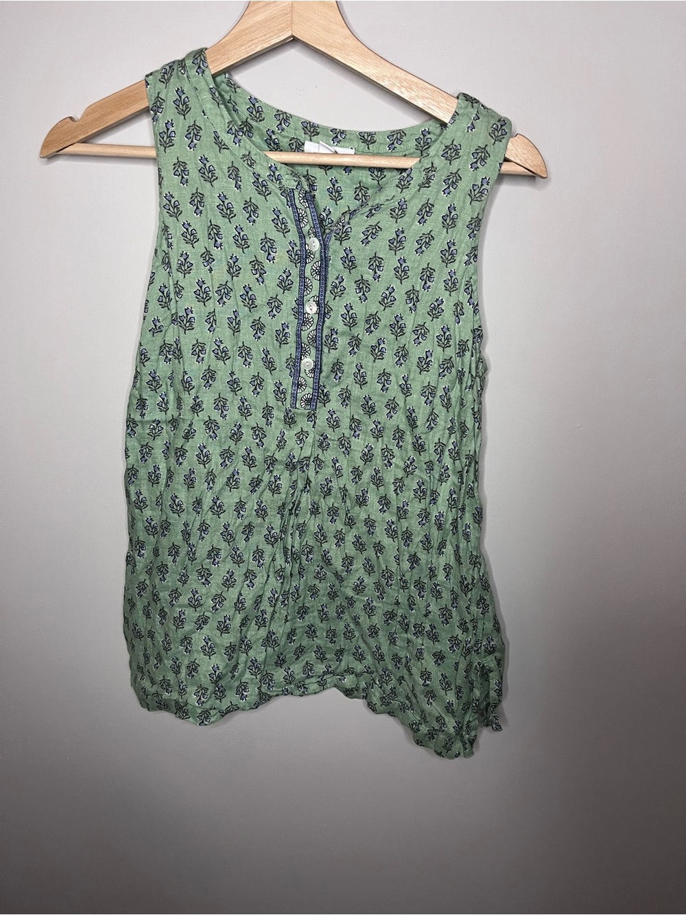 Pure Jill J. Jill Green Floral Linen Henley Tank Top Sleeveless Blouse Petite S